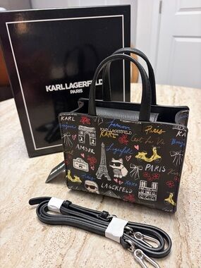 Karl Lagerfeld Black Mini Maybelle Satchel with Colorful Paris Doodle Print